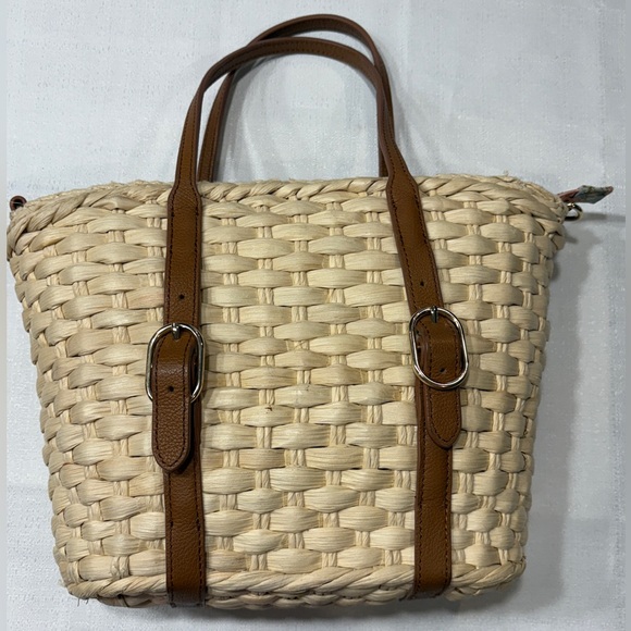 Talbots Handbags - Talbots Cornhusk Woven Tote Bag with Brown Leather Accents